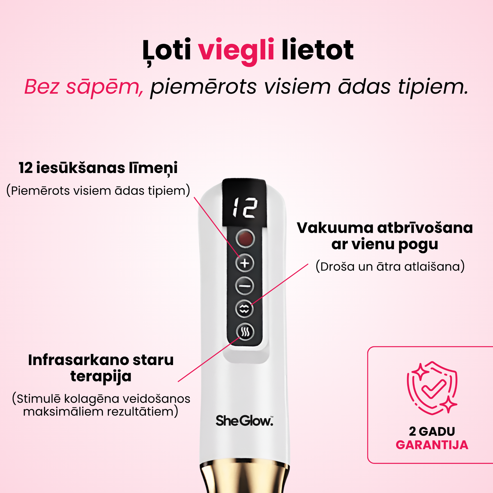 SheGlow ierīce pret celulītu – 12 sūkšanas līmeņi, infrasarkanā terapija, vakuuma atbrīvošana